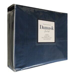 new Charter Club Damask Solid 550 TC 100% Cotton QUEEN Sheet Set in NAVY PEONY